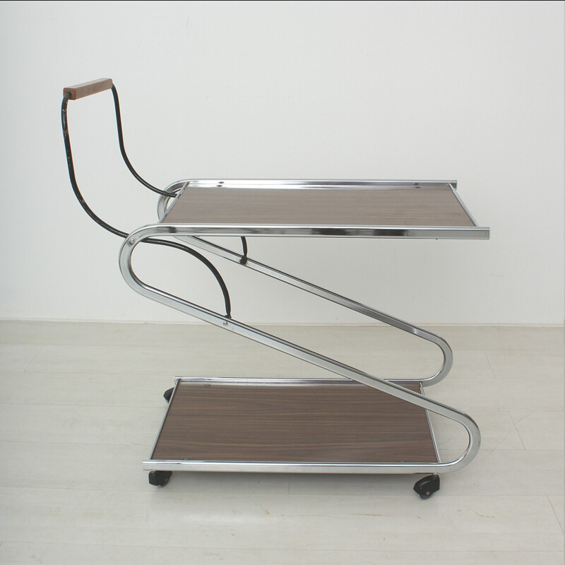 Vintage serving table in chromed metal and plywood - 1960s