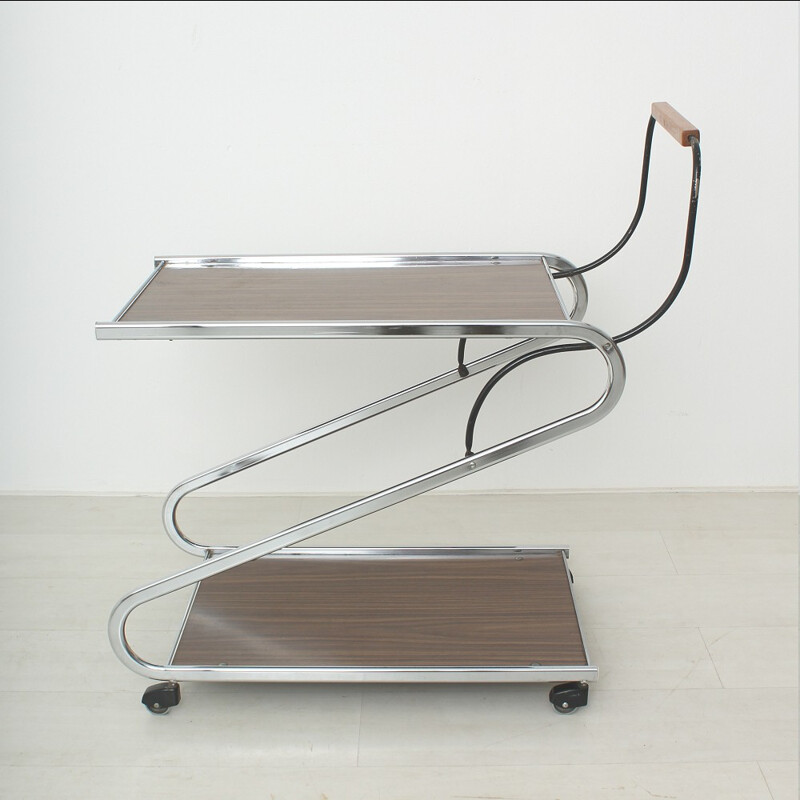 Vintage serving table in chromed metal and plywood - 1960s