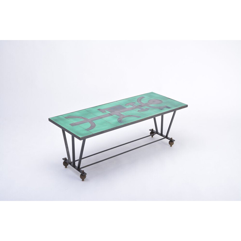 Vintage metal coffee table with enameled green ceramic top 1960s