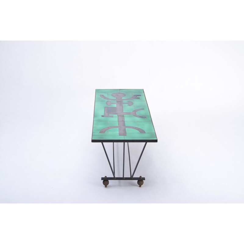 Vintage metal coffee table with enameled green ceramic top 1960s