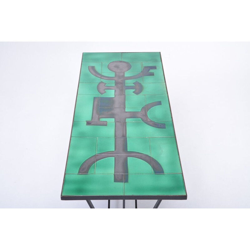 Vintage metal coffee table with enameled green ceramic top 1960s