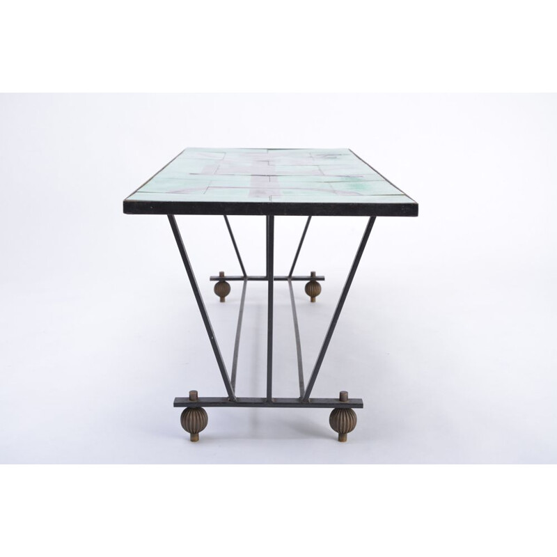 Vintage metal coffee table with enameled green ceramic top 1960s