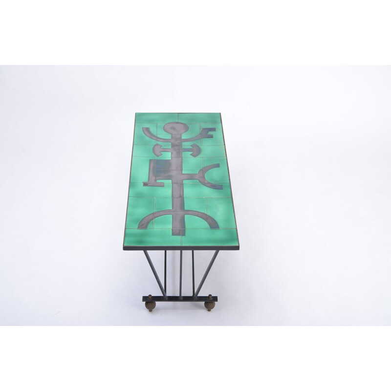 Vintage metal coffee table with enameled green ceramic top 1960s