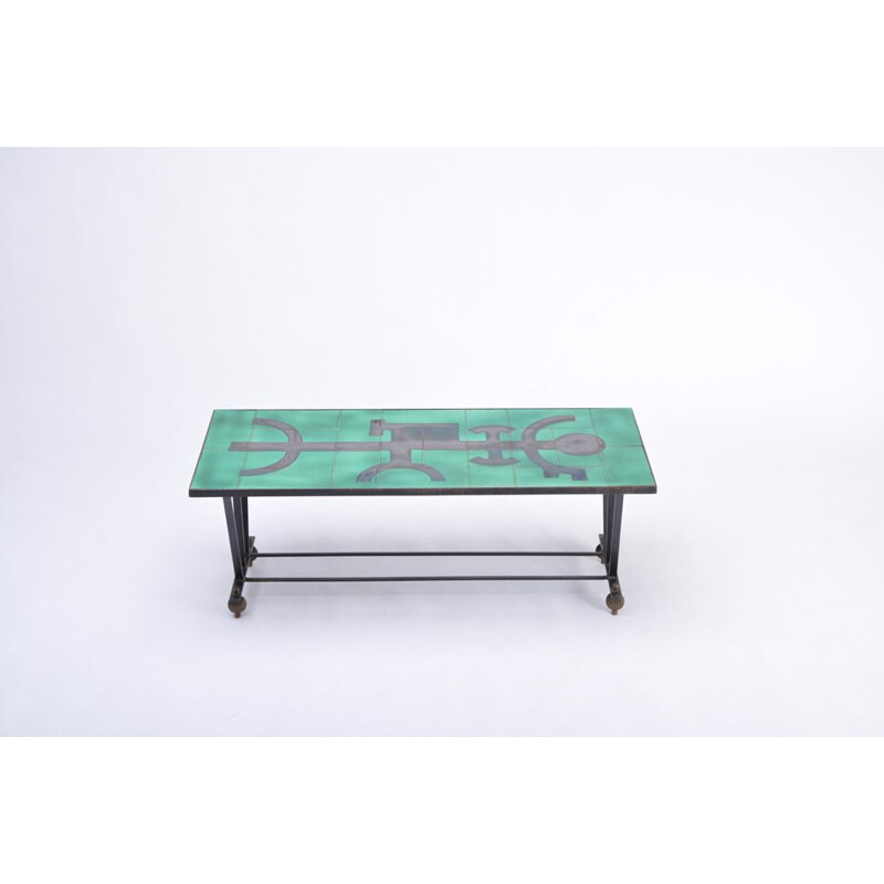 Vintage metal coffee table with enameled green ceramic top 1960s