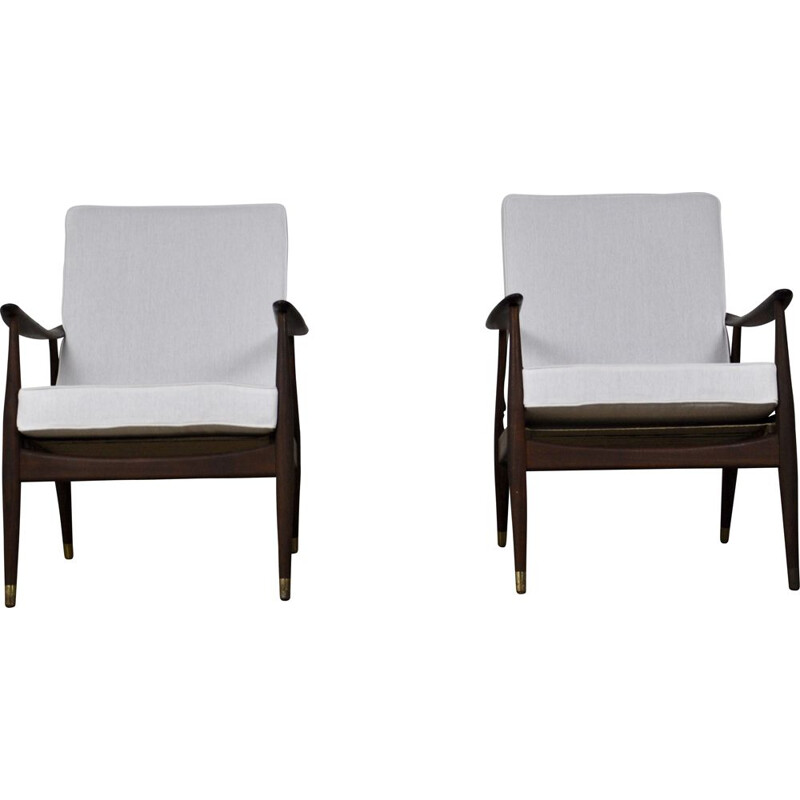 Pair of vintage Danish armchairs in white fabric and wood 1960