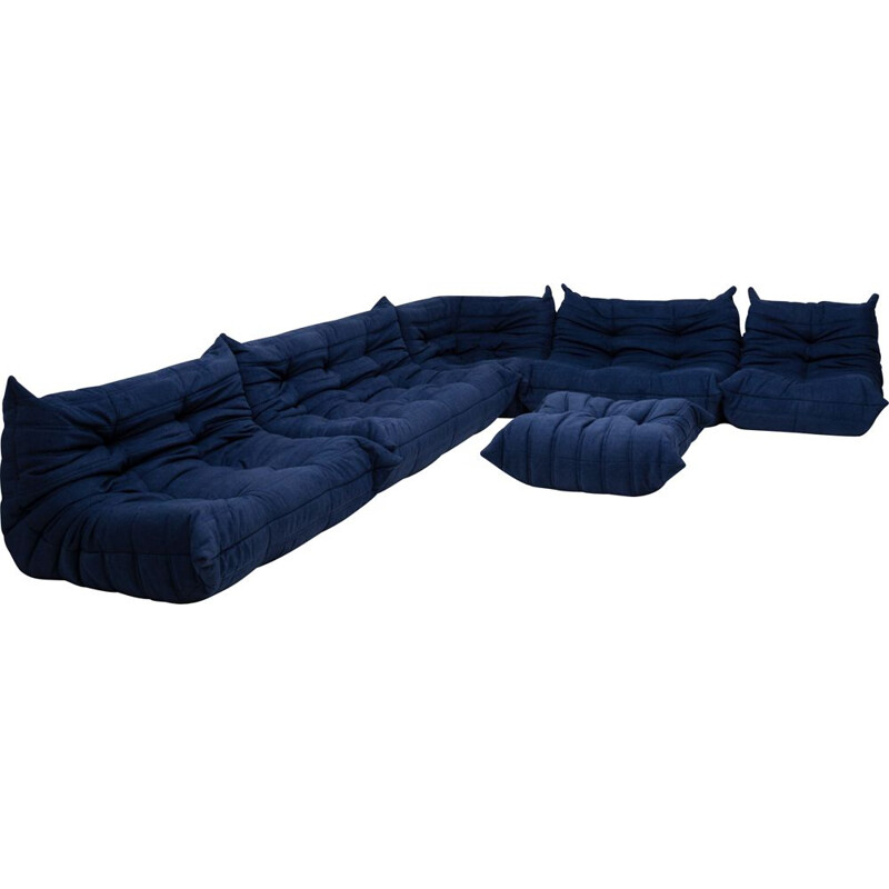 Togo Blue Modular Sofa and Footstool by Michel Ducaroy for Ligne Roset, Set of 6