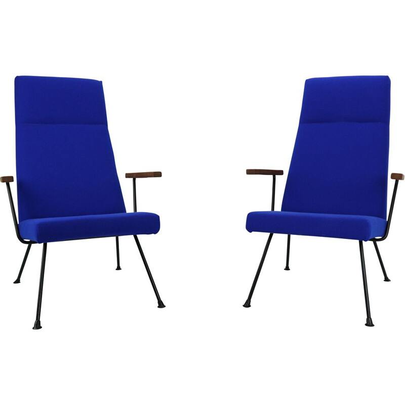 Paire de fauteuils vintage 1410 pour Gispen en laine bleue et métal 1960