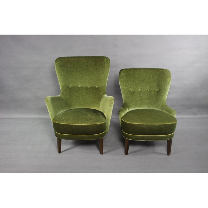 Ensemble de canapé vintage et 2 fauteuils en velours vert 1960