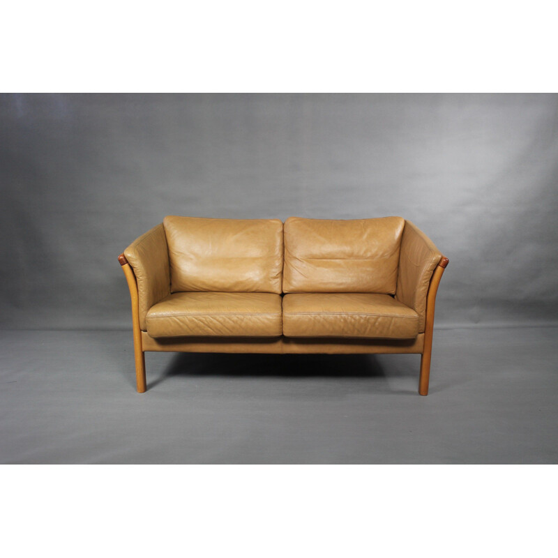 Vintage danish sofa in brown leather and wood 1970s