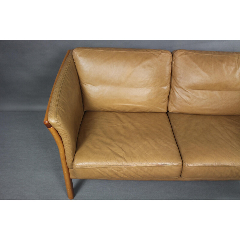 Vintage danish sofa in brown leather and wood 1970s