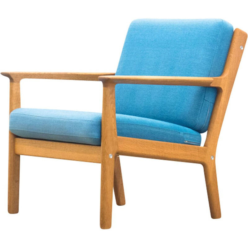 GE-265 blue armchair in oak by Hans J. Wegner for Getama