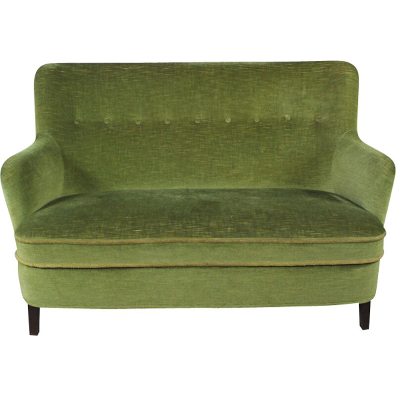 Set of vintage sofa and 2 armchairs in green velvet 1960s