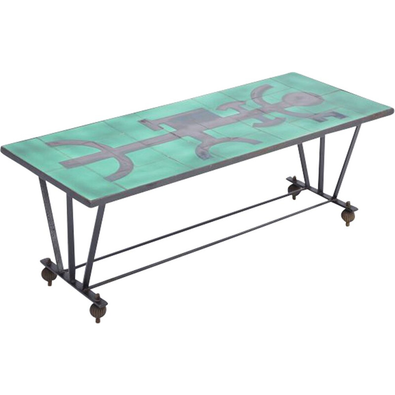 Vintage metal coffee table with enameled green ceramic top 1960s