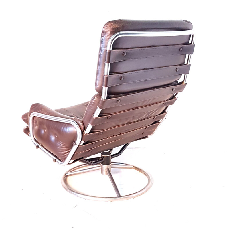 Vintage Tanabe SZ19 swivel chair for t Spectrum in brown leather and metal 1960s