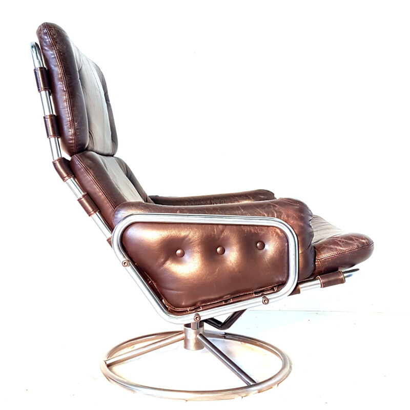 Vintage Tanabe SZ19 swivel chair for t Spectrum in brown leather and metal 1960s