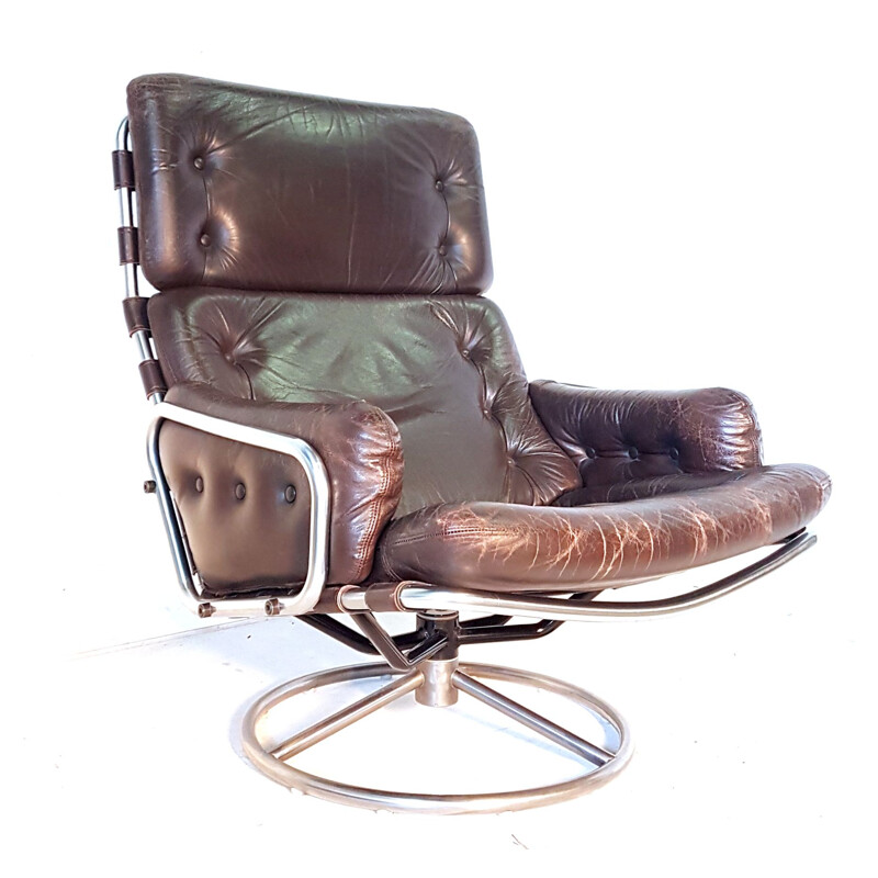 Vintage Tanabe SZ19 swivel chair for t Spectrum in brown leather and metal 1960s