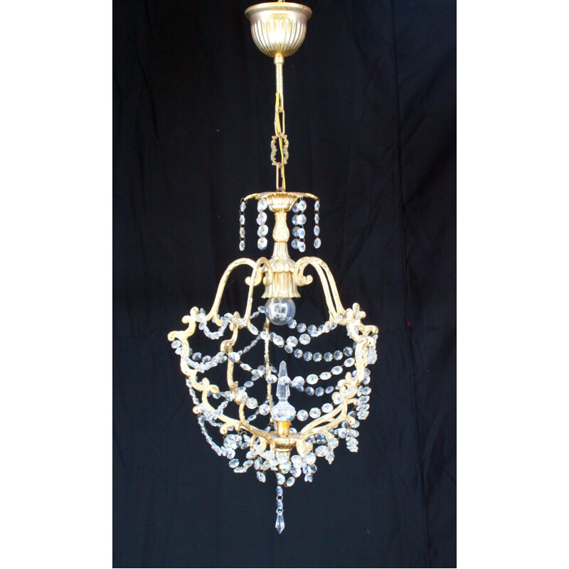 Vintage gilded bronze cage chandelier and glass 1960