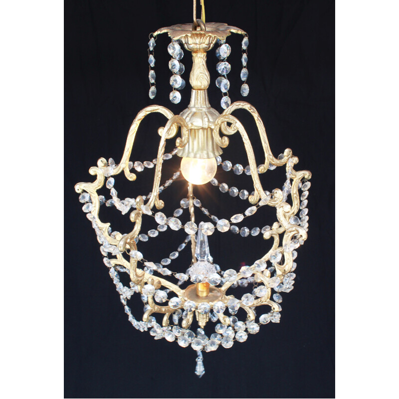 Vintage gilded bronze cage chandelier and glass 1960