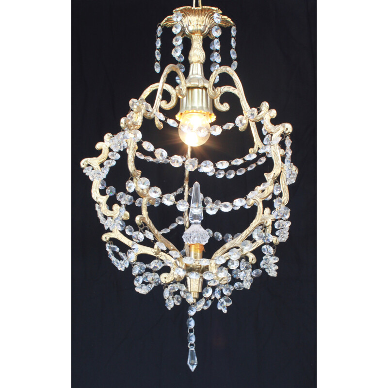 Vintage gilded bronze cage chandelier and glass 1960