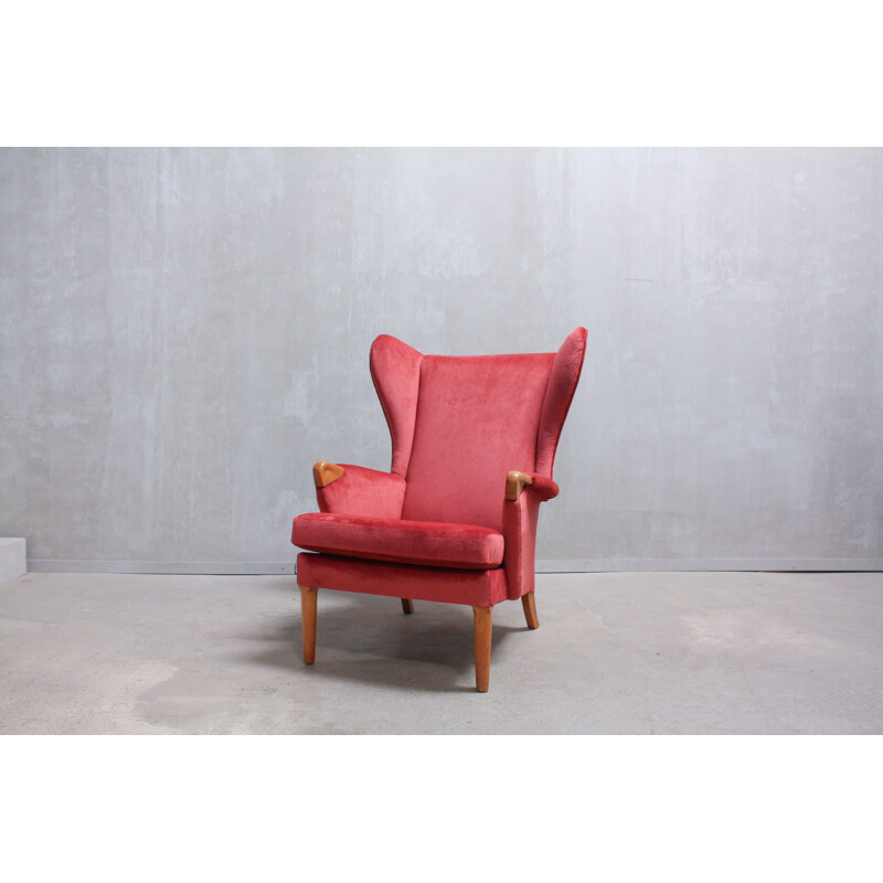 Vintage Wingback armchair for Parker Knoll in oakwood and red velvet 1960s