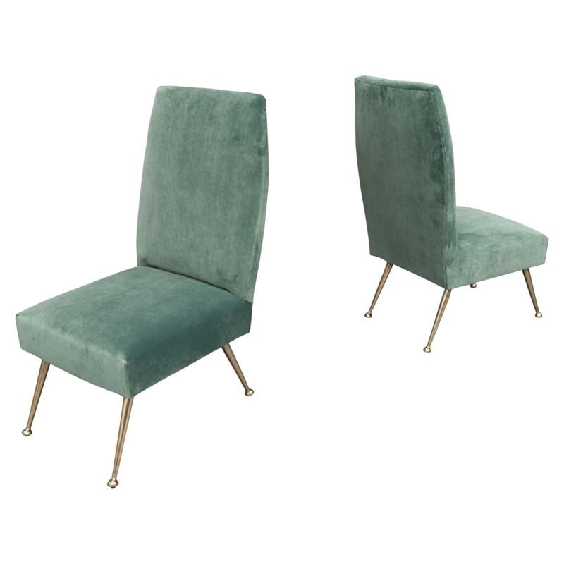 Pair of vintage side chairs for Minotti in green velvet and brass 1950s