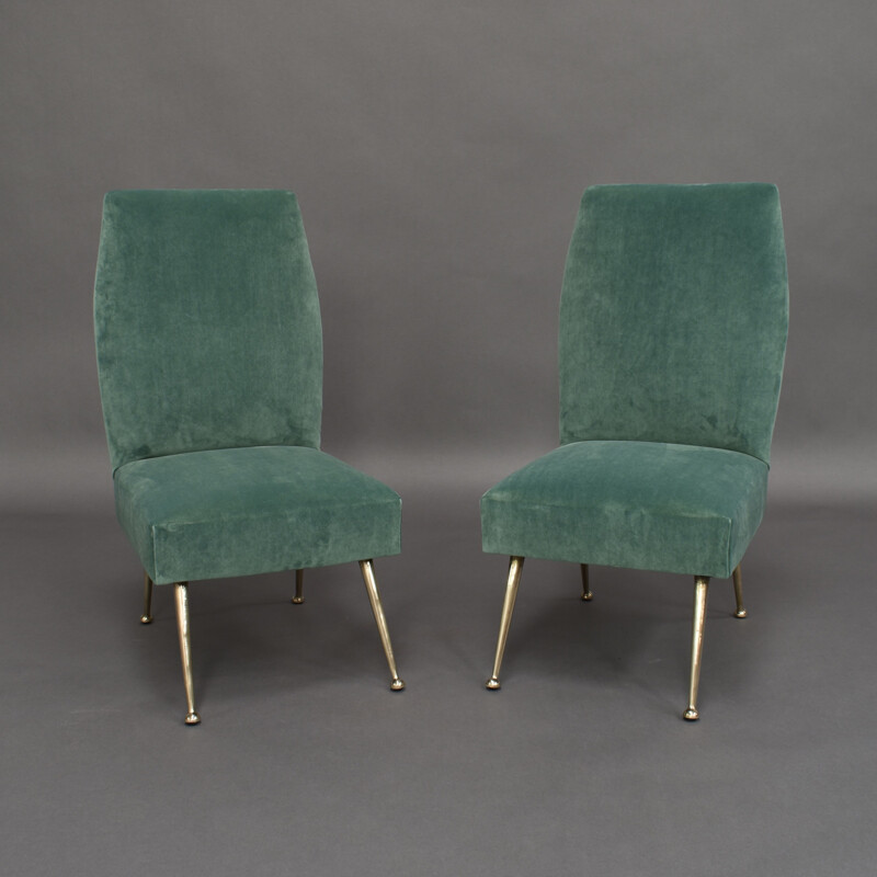 Pair of vintage side chairs for Minotti in green velvet and brass 1950s