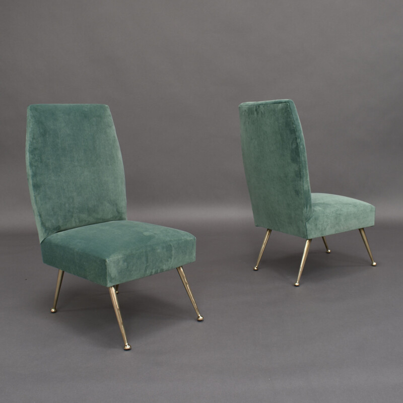 Coppia di sedie vintage per Minotti in velluto verde e ottone 1950