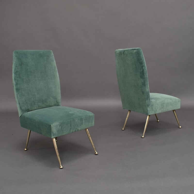 Paar vintage stoelen voor Minotti in groen fluweel en messing 1950