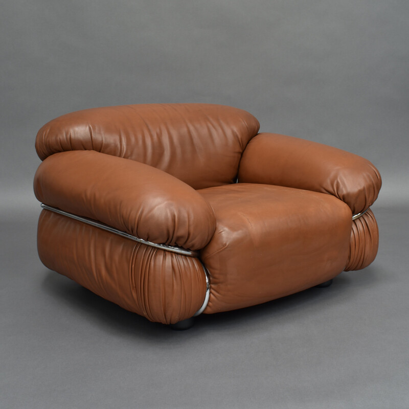 Fauteuil Sesann vintage en cuir marron par Gianfranco Frattini pour Cassina