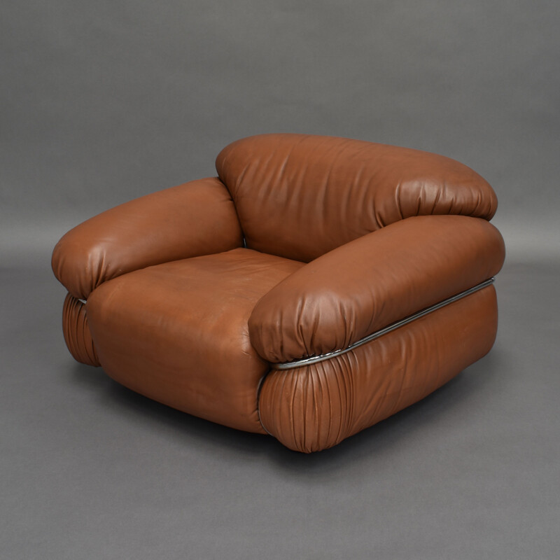 Fauteuil Sesann vintage en cuir marron par Gianfranco Frattini pour Cassina