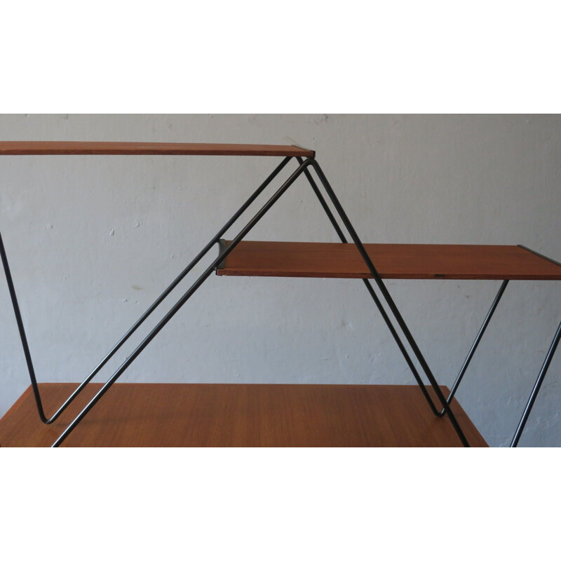 Pair of freestanding shelves in teak and metal