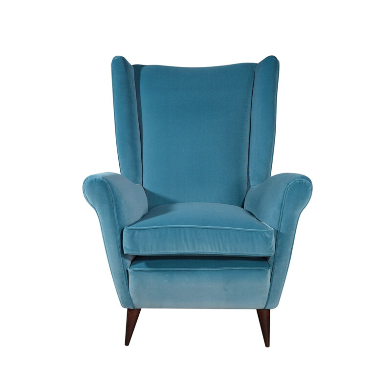 Vintage blue velvet armchair with footrest by Gio Ponti