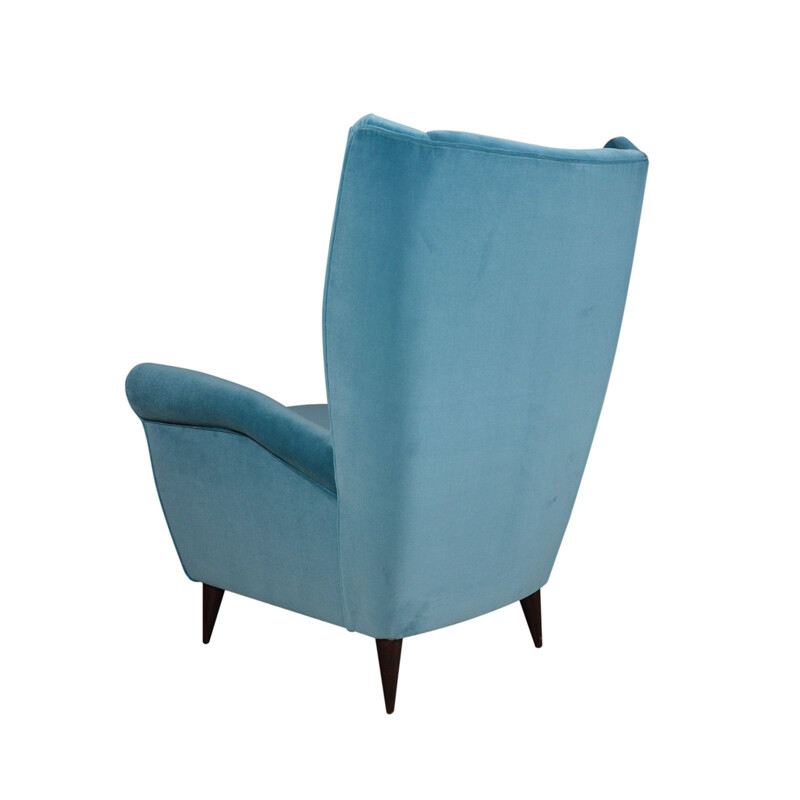 Vintage blue velvet armchair with footrest by Gio Ponti