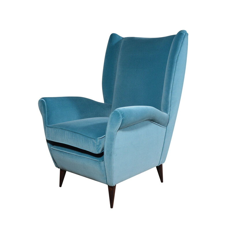 Vintage blue velvet armchair with footrest by Gio Ponti