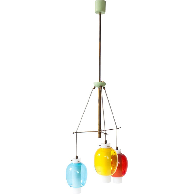 Suspension italienne en verre, laiton et opaline - 1950