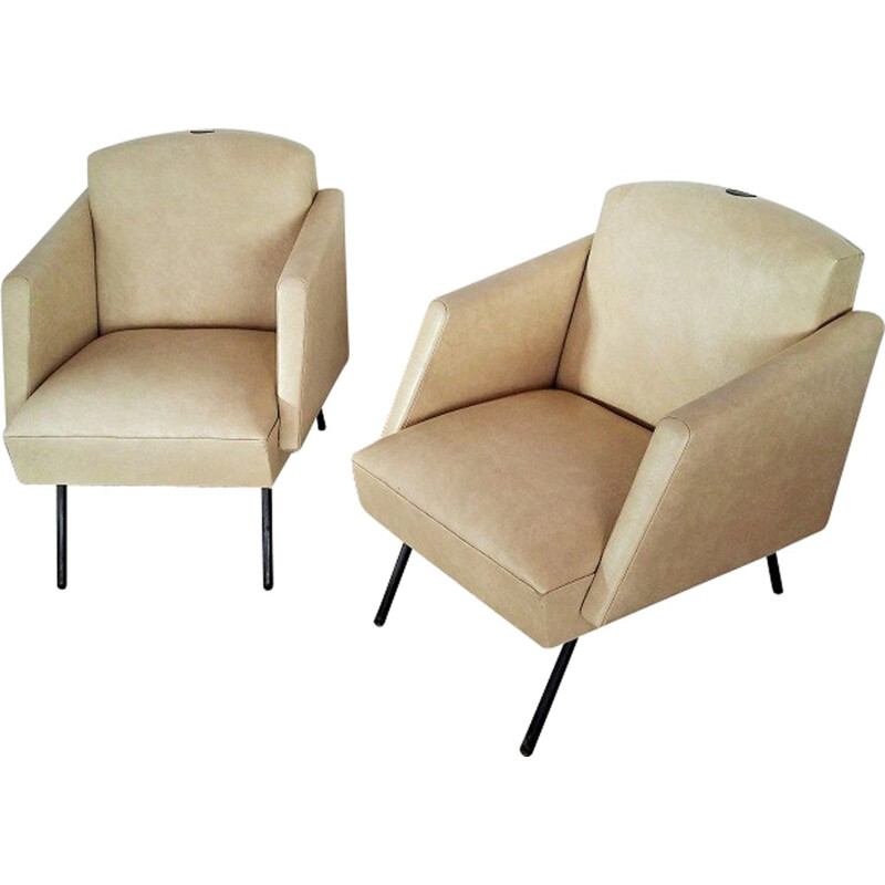 Paire de fauteuils vintage en métal et simili cuir beige - 1950