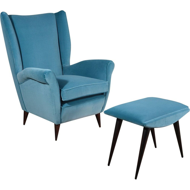 Vintage blue velvet armchair with footrest by Gio Ponti