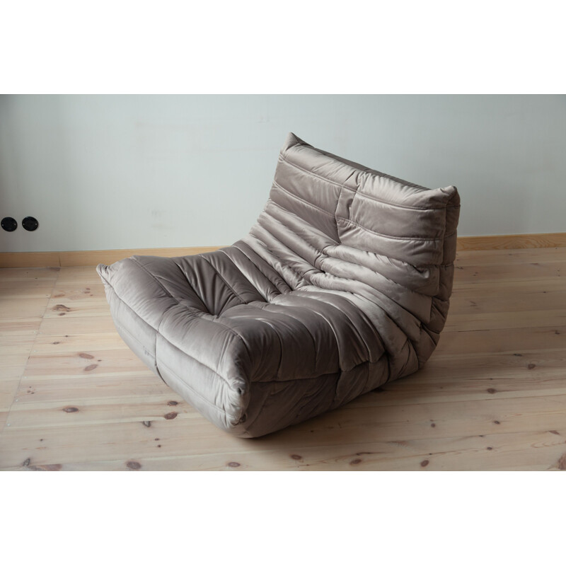 Vintage Togo sofa set for Ligne Roset in grey velvet 1970s