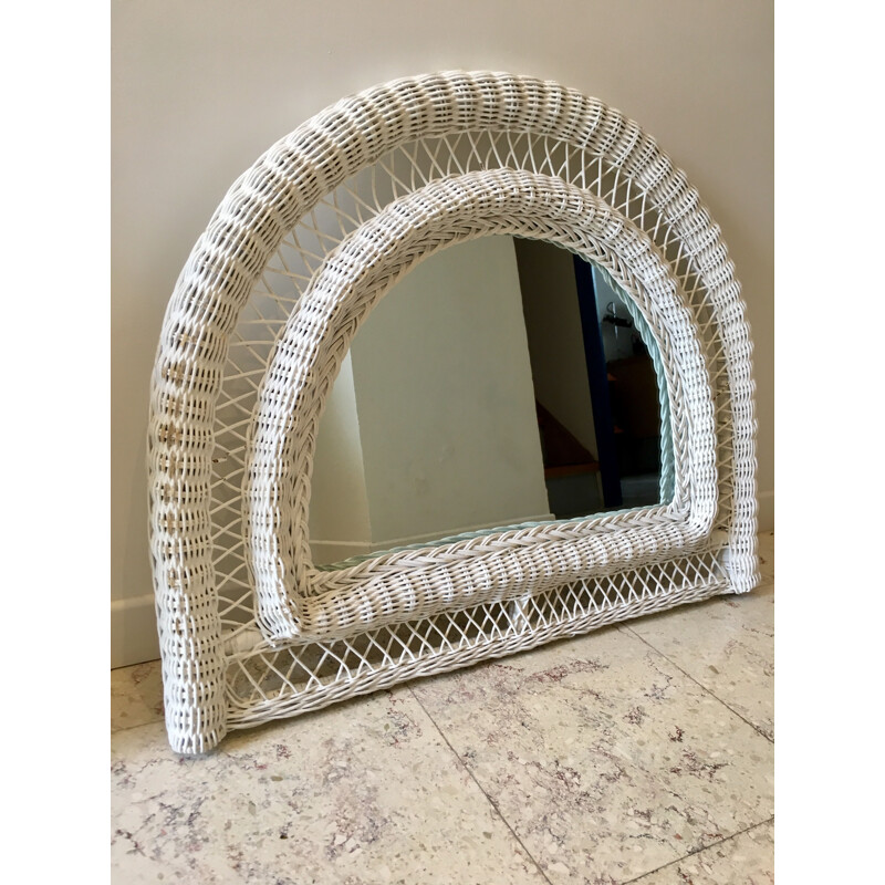 Vintage mirror in white rattan half-moon France 1970s