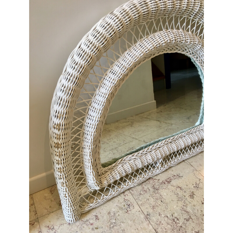 Vintage mirror in white rattan half-moon France 1970s