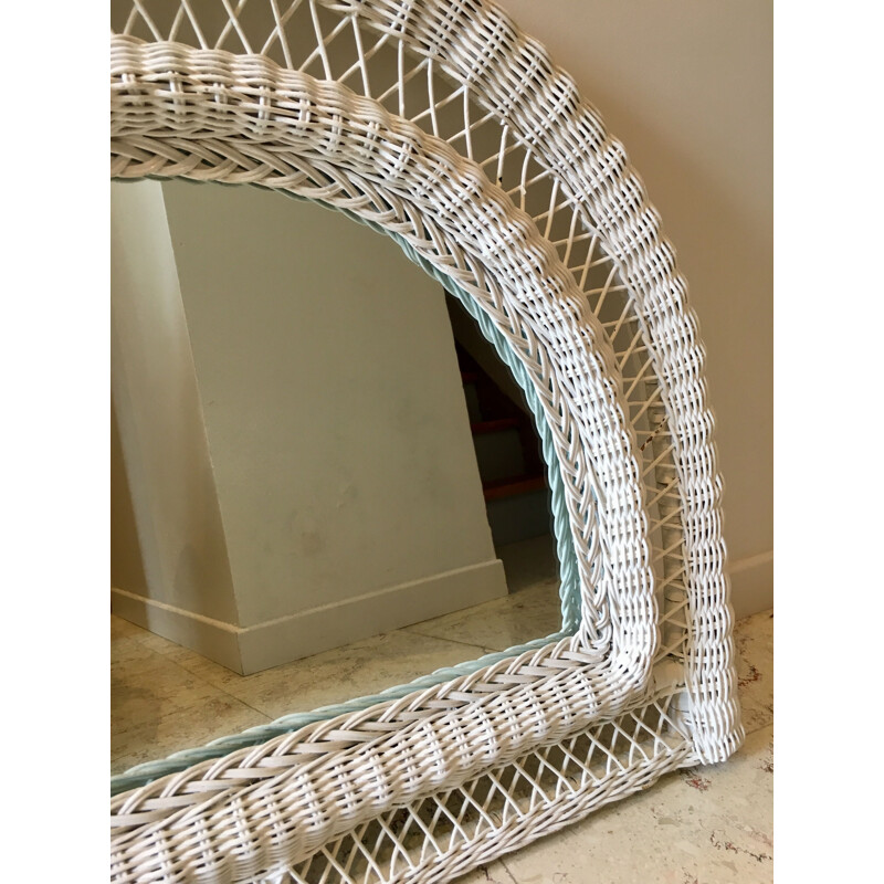 Vintage mirror in white rattan half-moon France 1970s