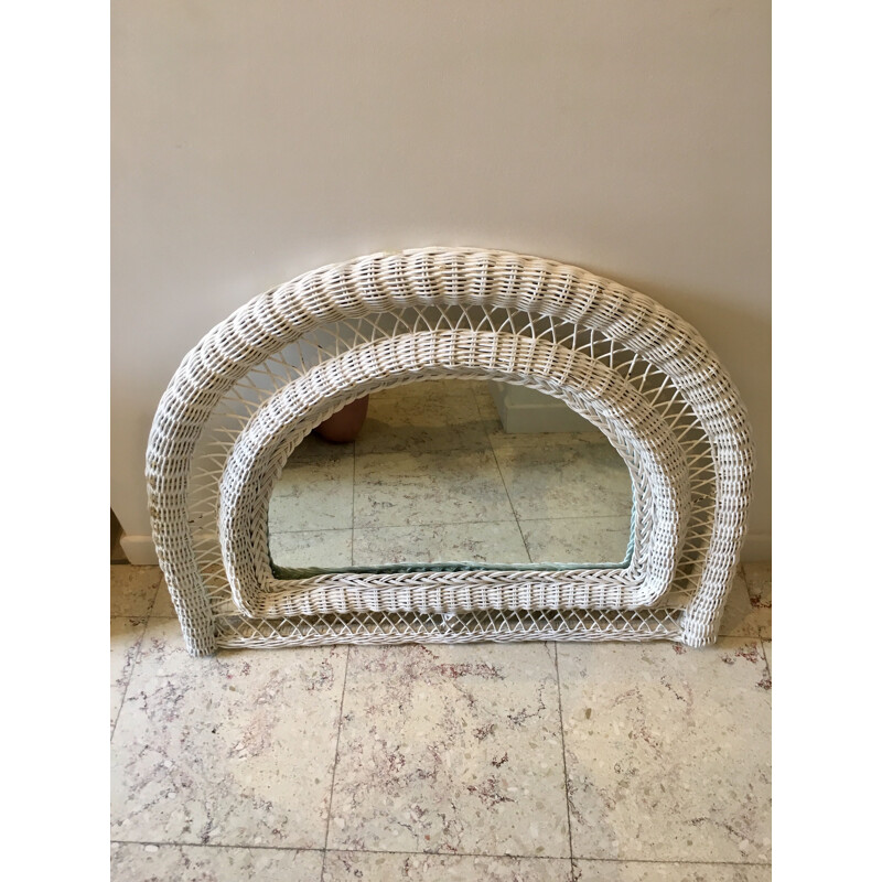 Vintage mirror in white rattan half-moon France 1970s