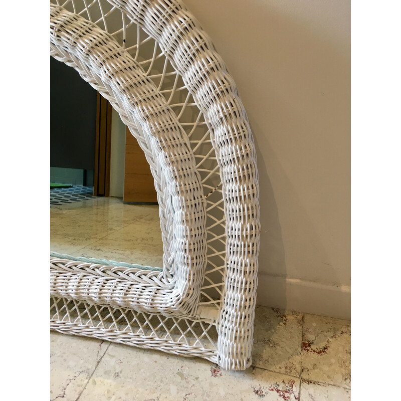 Vintage mirror in white rattan half-moon France 1970s