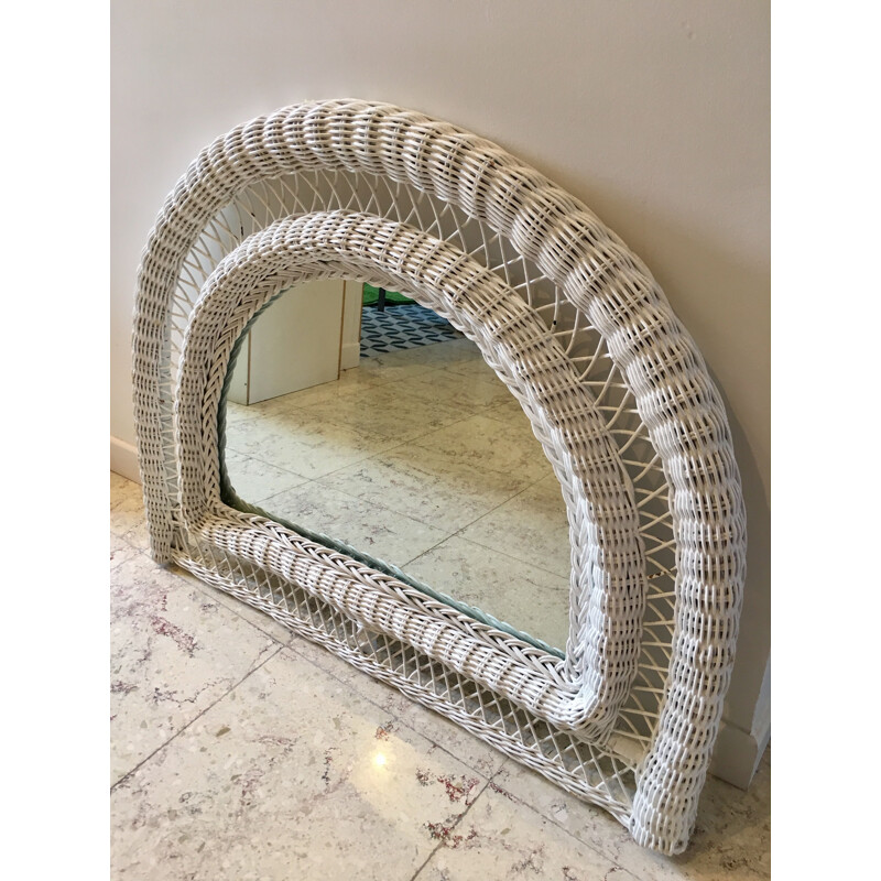 Vintage mirror in white rattan half-moon France 1970s