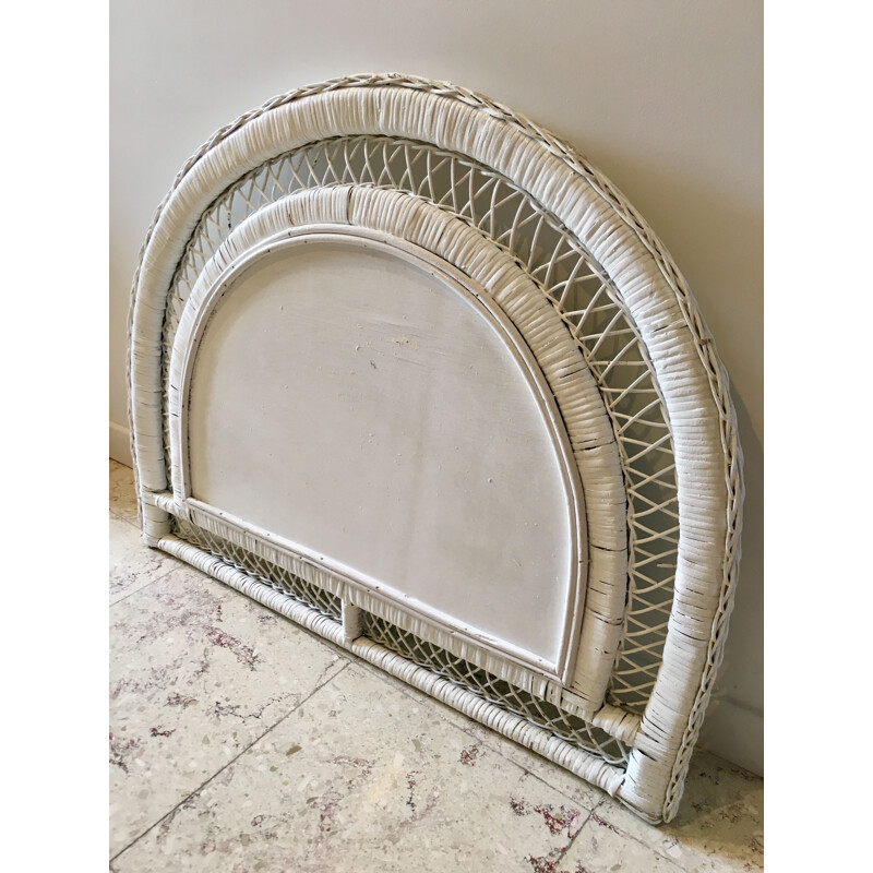 Vintage mirror in white rattan half-moon France 1970s