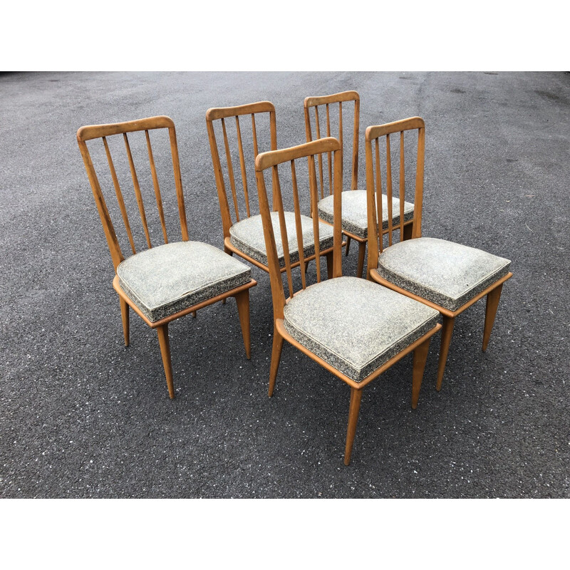 Suite di 5 sedie vintage in vinile e legno 1950