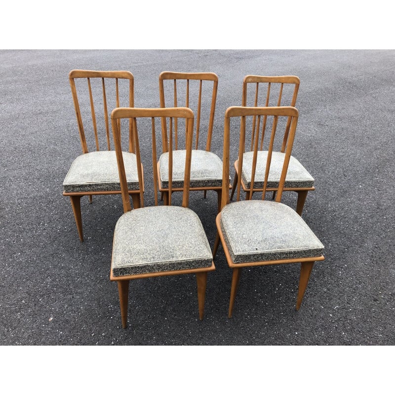 Set of 5 vintage chairs in vinyl and wood 1950