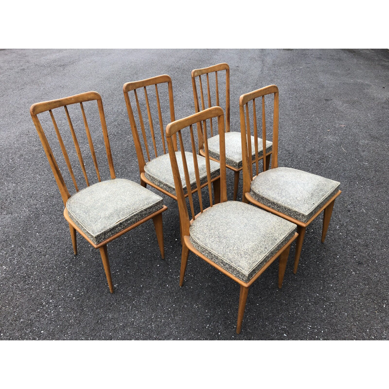 Conjunto de 5 cadeiras de vinil e madeira vinil vintage 1950