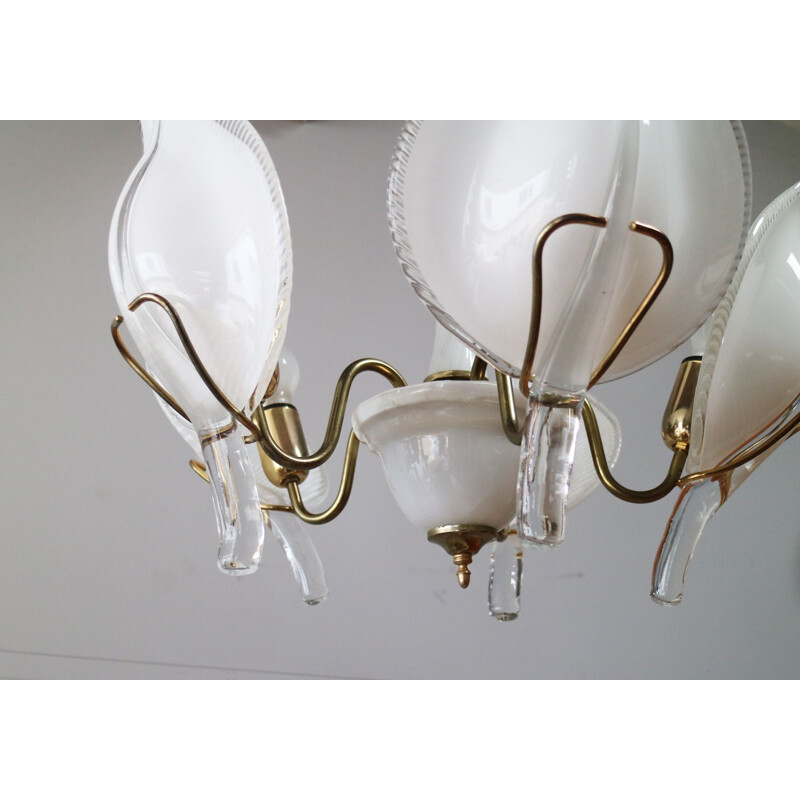 Vintage italian chandelier by Franco Luce in glass and brass 1970s