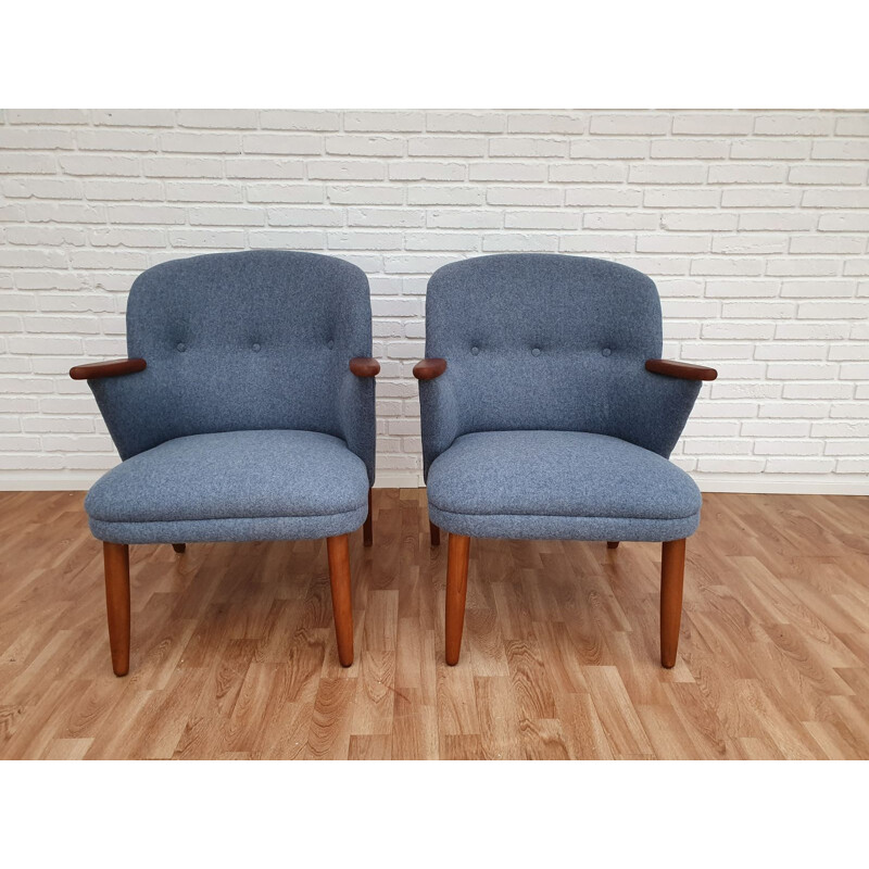 Pair of vintage danish armchairs in blue wool and beechwood 1960s